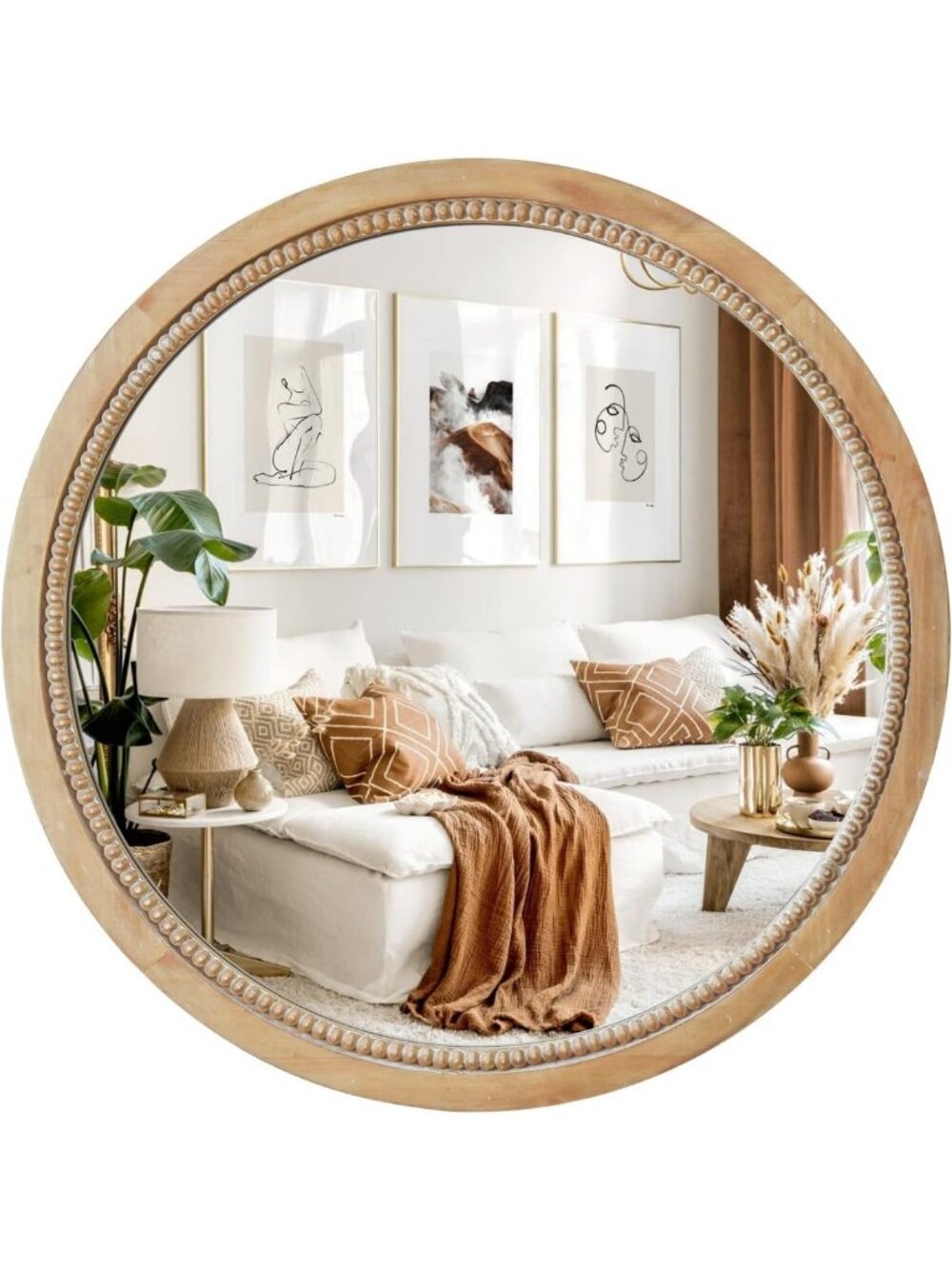 18” Round Wood Mirror - Farmhouse Style Circle Wall Decor for Boho Bathroom